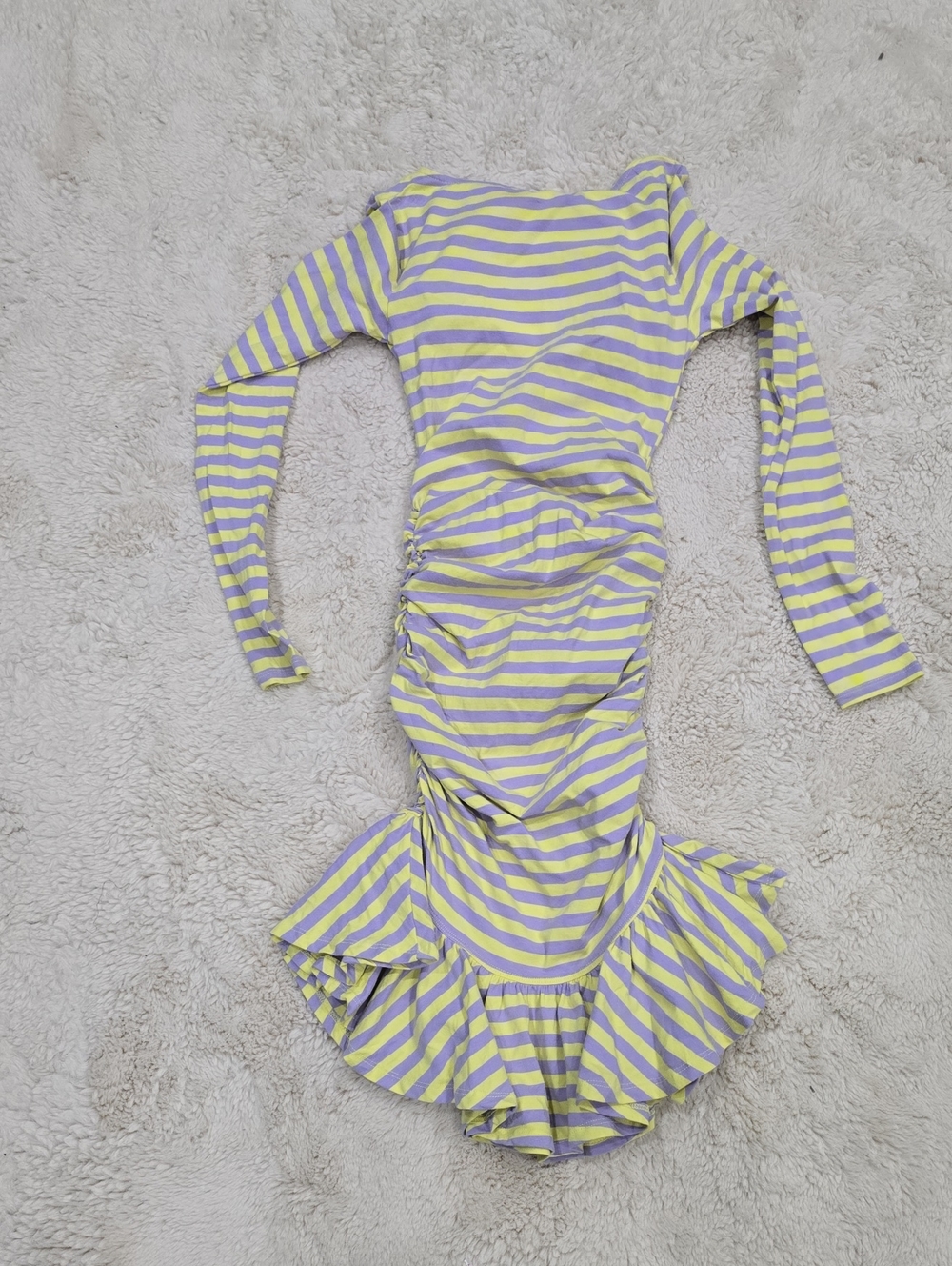 Striped Yellow and Lavender Ruched Ruffle Dress - Picture 3 of 4